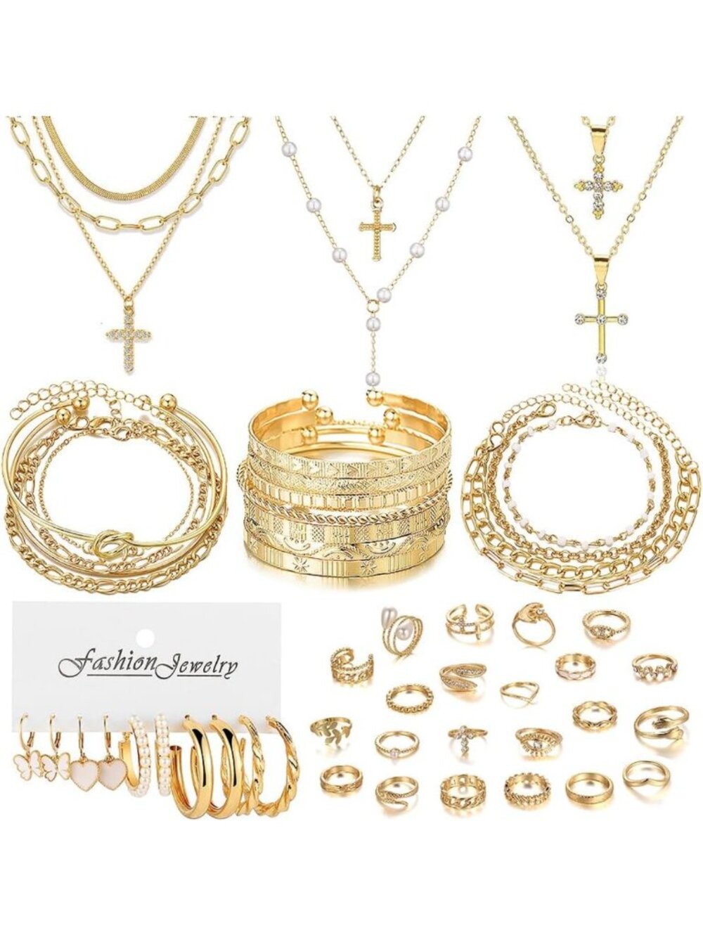 49pcs Gold Plated Jewelry Set - Multi-Layer Necklaces, Bracelets & Earrings for